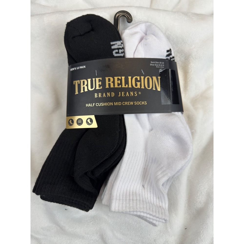 True Religion Mens 12 Pack Half Cushion Quarter Socks Black White Sz 10-13 New